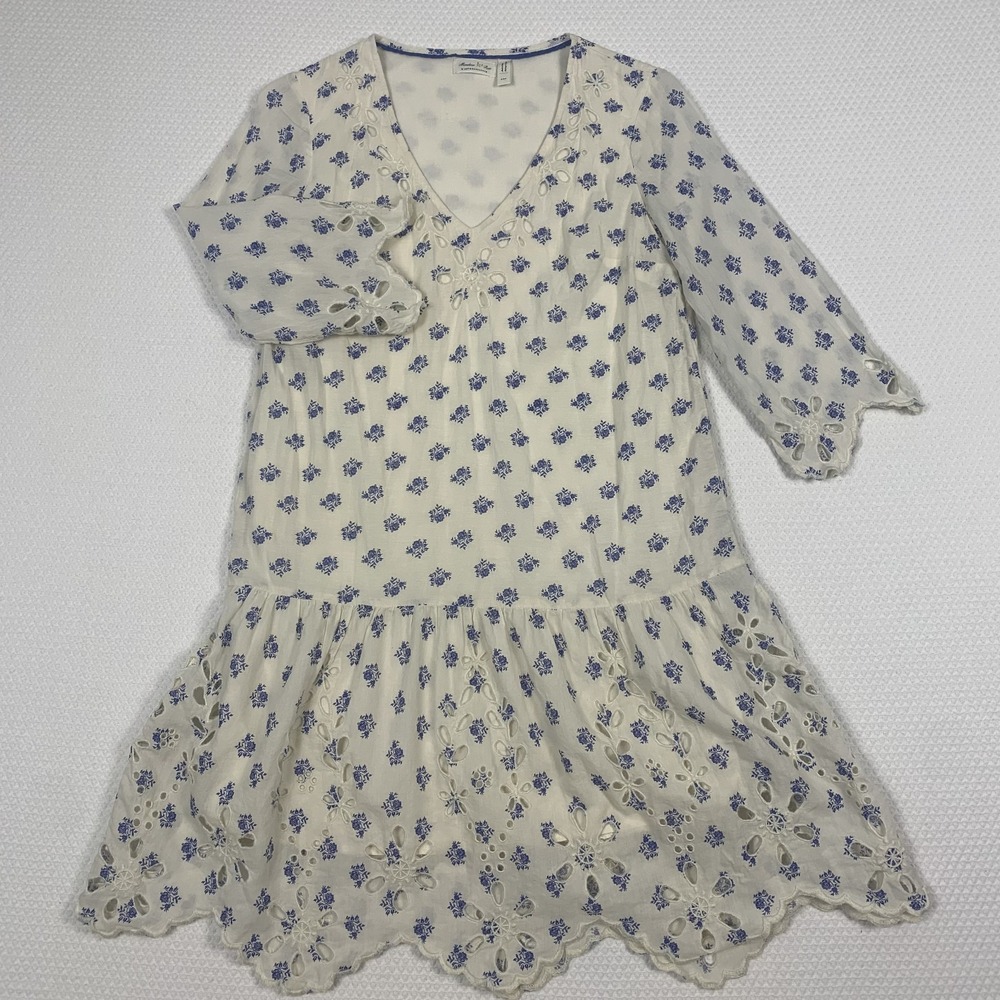 Meadow Rue Anthropologie Tunic Dress XXS Floral Eyelet Boho Oversized Cream